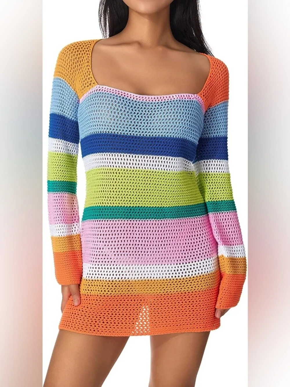 Women’s Multi-Color Crochet Cover-Up Dress - Vibrant Stripe Beachwear
